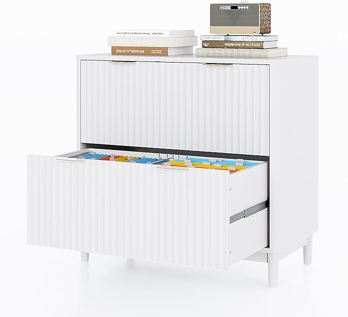 VINGLI 2 Drawer File Cabinet Home Office Filing Organizer for Letter Legal A4 Size File Folder Storage Modern Style Fluted Design Wood Lateral Filing Cabinet Printer Stand Archivador White