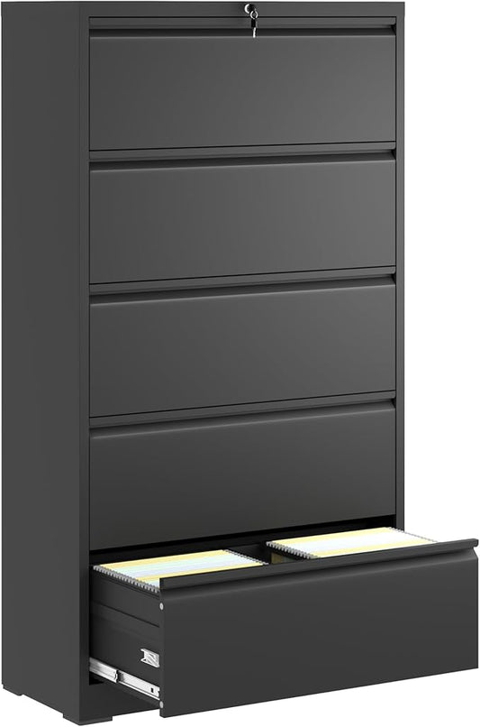 5 Drawer Metal Lateral File Cabinet with Lock Locking Filing Cabinet for Home Office Under Desk Storage Cabinet Organizer for Legal/Letter/A4/F4 SizeBlack