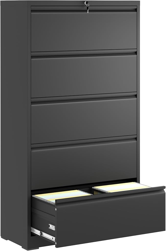 5 Drawer Small File Cabinet with Lock Under Desk Locking Storage Cabinet Organizer Filing Cabinets for Home OfficeBlack
