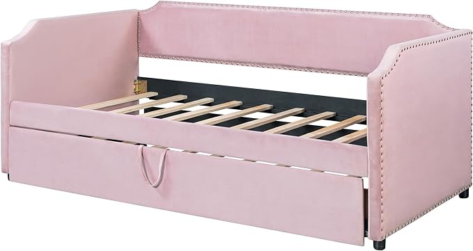 Flieks Twin Size Velvet Upholstered Daybed with Pop-Up Trundle 2-in-1 Convertible Sofa Bed for Small Space Modern Daybed for Guest/Kids Room in Pink (Mattress Not Included)
