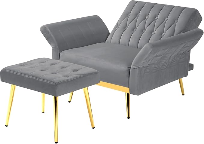 Velvet Accent Chair with Adjustable Backrest and Armrests Single Recliner Armchair with Ottoman and Golden Mental Legs for Living Room Bedroom and Waiting Room Grey