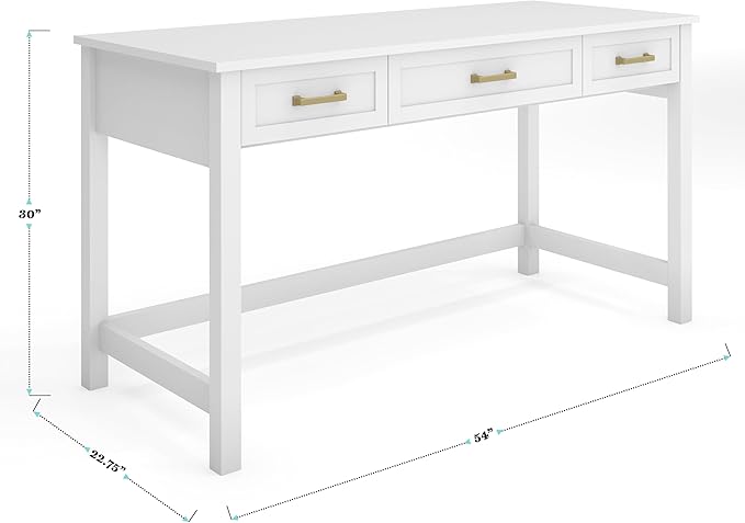 Martha Stewart Hutton Shaker Style Home Office Desk with 3 Drawers in White with Polished Brass Hardware