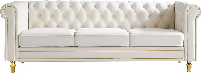 Homtique 84 Modern Sofa Couch for Living Room 3 Seater Couch Comfy Velvet Sofa Button Tufted Rolled Arms and Gold Legs Chesterfield for Home Studio/Office Bedroom Beige