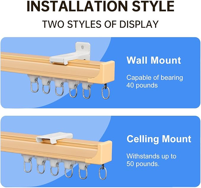 Ceiling Curtain Track Ceiling and Wall Mounted Heavy-Duty Curtains Rails Room Divider Curtains Shower RV Tracks Ceiling Sliding Curtain Rods With Clips Gold 12ft.