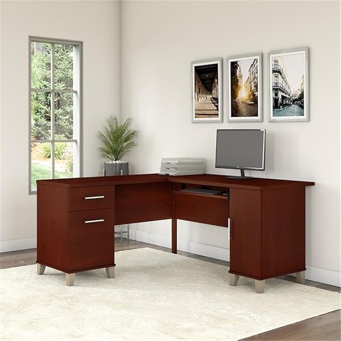 Bush Home 60-inch L Shaped Desk with Storage Spacious Corner Computer Table for Home Office Somerset Collection Hansen Cherry