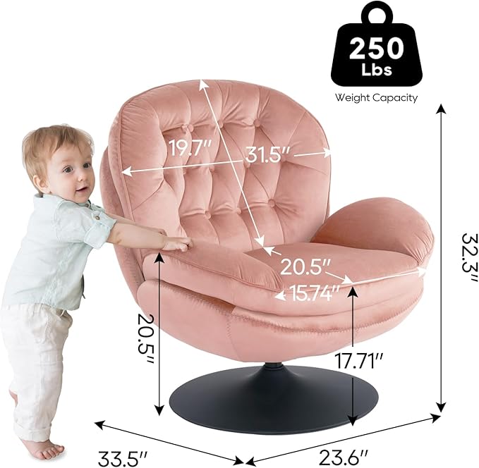 Velvet Swivel Accent Chair with Ottoman Set Modern Tufted Armchair with Footrest for Living Room Reading TV Chair for Adults Comfy Chaise Lounge Chairs with 360 Degree Swiveling for Bedroom Pink