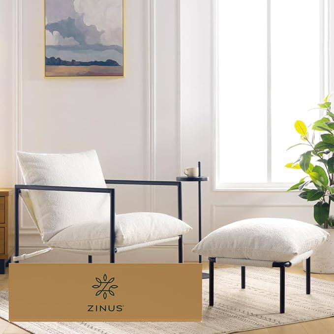 Zinus Aidan Decorative Sling Chair Metal Frame Armchair with Shredded Foam Cushions Easy Tool-Free Assembly Chair in a Box White