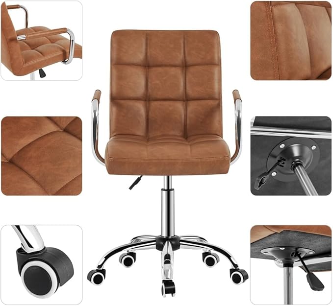 Butterslay Mid-Back PU Leather Office Chair with Armrests 360° Swivel Rolling Height Adjustable Desk Chair with Lumbar Support for Home Office Bedroom White/Pink/Brown/Retro Brown (Retro Brown)