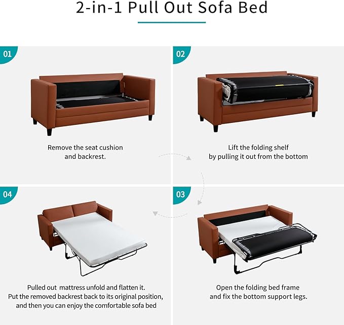 BALUS 73 Wide Full Size Pull Out Sofa Bed Convertible Sleeper with Memory Foam Mattress Modern Faux Leather Loveseat Couch for Apartment Living Room Includes 2 Bolster Pillows - Cognac