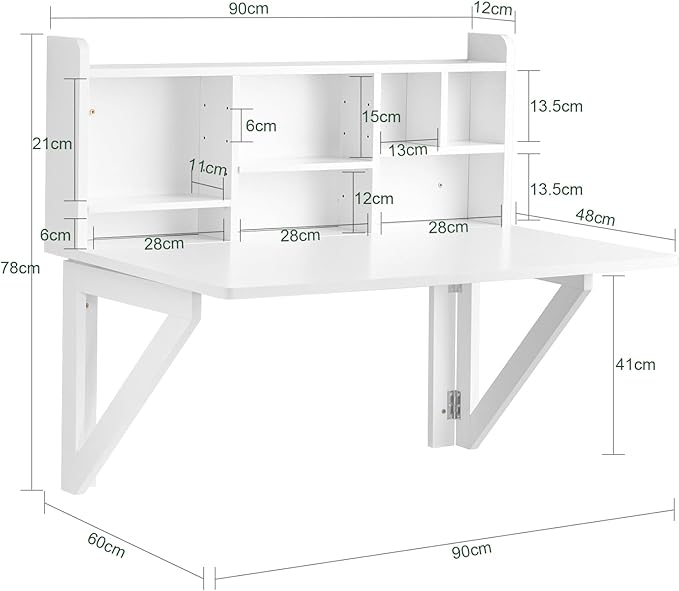 SoBuy Wall Mounted Folding Table Foldable Floating Desk for Small Spaces Fold Down Workstation Table with Adjustable Shelf for Home Office Bedroom or Kitchen White FWT07-II-W