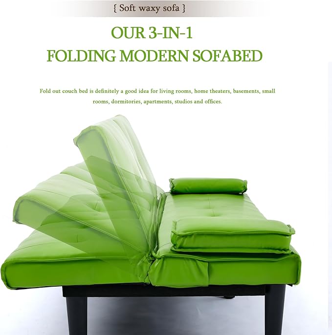 Convertible Folding Futon Sofa Bed Fabric Linen Upholstered Modern Couch Loveseat Sleeper Folding Daybed Guest Bed Removable Armrests 2 Cup Holders Metal Legs (Green)