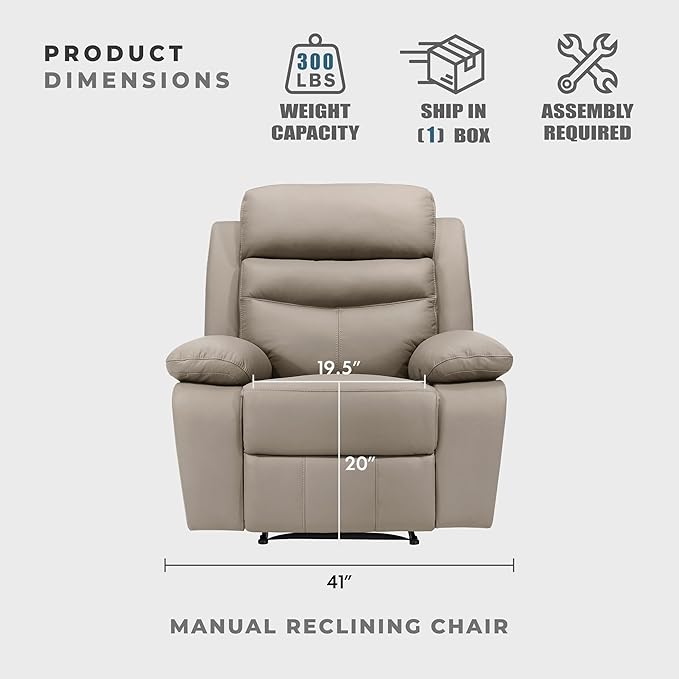 Lexicon 41 W Manual Reclining Chair Top Grain Leather Match Recliner Home Theater Seating Wall Hugger Recliner Manual Reclining Sofa Chair for Living Room/Office/Apartment Latte