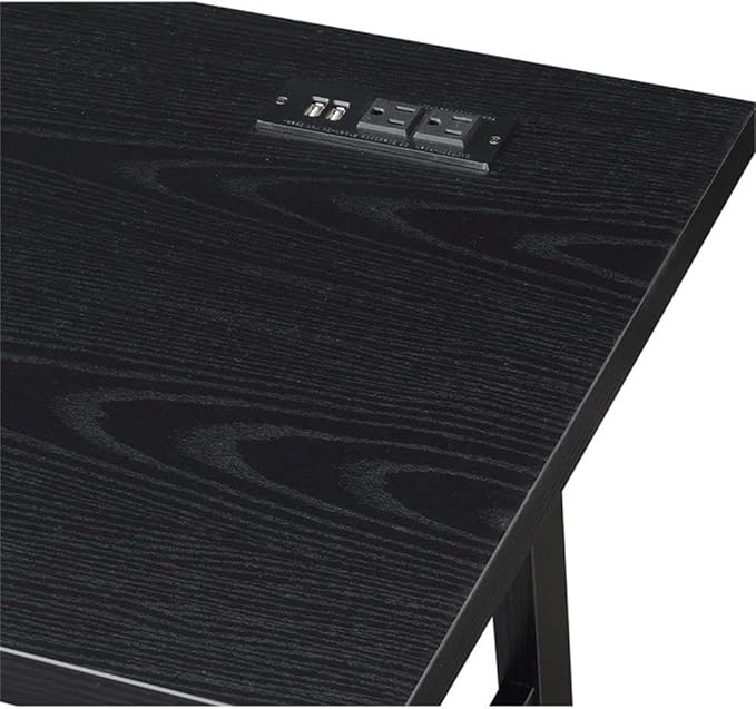 Pemberly Row Trestle Desk with Charging Station Black Wood Finish 47 in x 20 in x 29.25 in 2 Fixed Shelves USB Ports Power Outlets Modern Home Office Desk for Workspace or Study