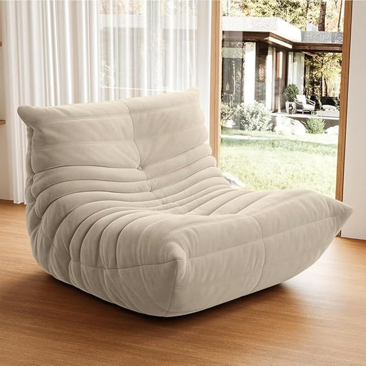 High-end Uncompressed Bean Bag Chair Fireside Togo Chair with Antique White/Light Grey Suede Fabric Cover Comfy &amp Soft Lazy Floor Lounge Sofa Chairs for Bedroom Living Room Office or Lounger
