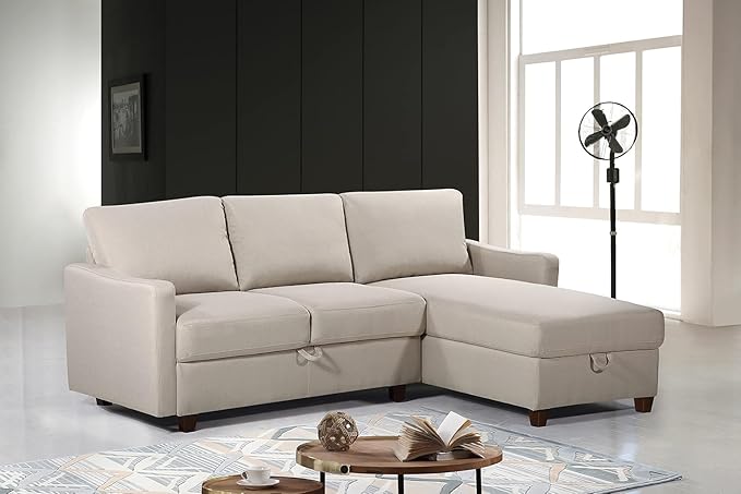 Sectional Sofa with Storage – Modern Upholstered Living Room Couch Reversible Chaise for Home Apartment Office 81.9” L Beige