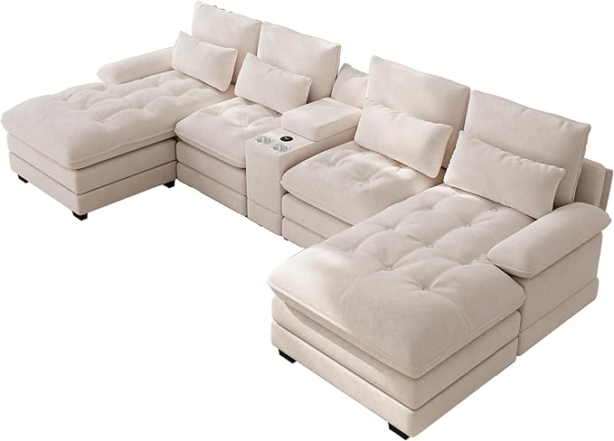 OUYESSIR 134 Oversized Beige Sectional Couches for Living RoomFluffy Couch with Chaise Lounge&ampTufted Buttons U Shaped Living Room Sofa Set FurnitureChenille 6 Seater Couch with Storage Console