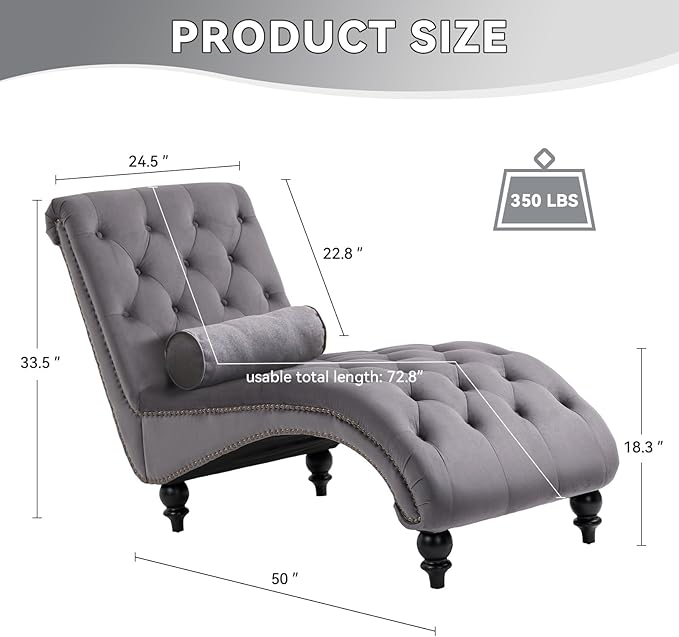 Velvet Chaise Lounge Chair Indoor Comfy Upholstered Chaise Lounge with Pillow and Solid Wood Legs Button Tufted Leisure Sofa Recliner for Living Room Bedroom Office Apartment(GY)
