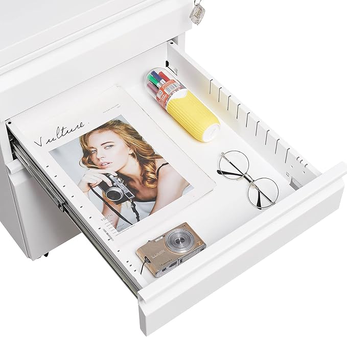 White 3 Drawer File Cabinet with Wheels Locking Office File Cabinet Mobile Filing Cabinets for Home Office Metal Vertical File Cabients for A4 Letter Legal Size Documents
