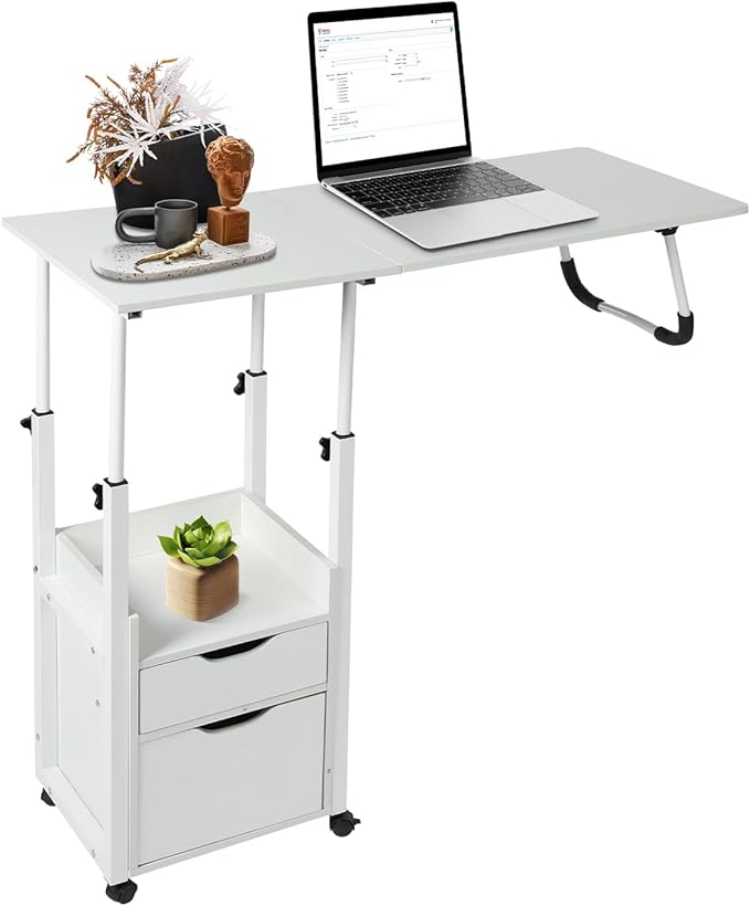 Home Office Desk with Wheels Movable Bedside Table with Plastic Drawers Height Adjustable Over Bed Desk for Laptop White for Home Office Study (White)