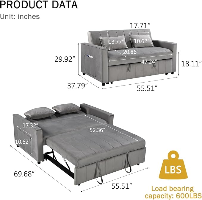 Convertible Sofa BedVelvet Sleeper Sofa Bed with Side Pockets 3 in 1 Pull Out Couch with Adjustable Backrest for Living Room Bedroom Apartment (Grey)