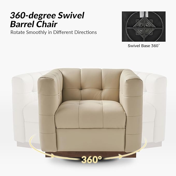 HULALA HOME Genuine Leather Swivel Accent Chair with Wooden Base Mid Century Modern Square Accent Chair for Living Room Bedroom Club Beige