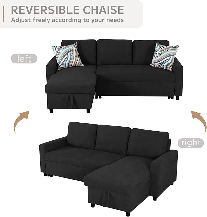 L-Shaped Sleeper Sofa with Chaise Lounge &amp Storage Pull-Out Couch Bed with Recliner Full Size Futon for Living Room Office Apartment Black