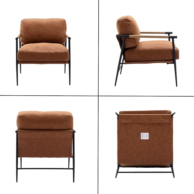 HEAH-YO Modern Accent Chair Set of 1 PU Faux Leather Living Room Chair with Backrests and Metal Legs Comfy Reading Side Armchair for Bedroom Brown