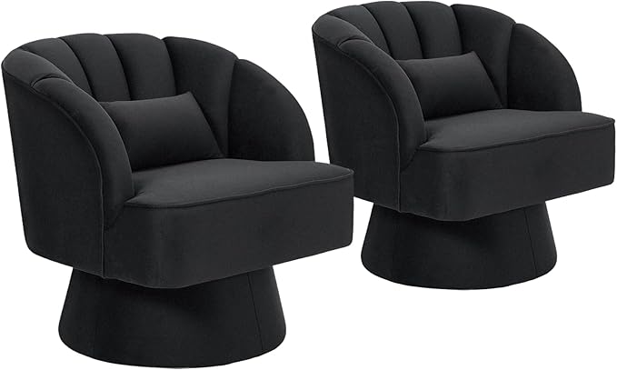 Mid Century Modern Swivel Barrel Chair - 360° Swivel Accent Chair with Plush Velvet Upholstery &amp Wide Cushioned Seat Round Lounge Sofa Chair for Living Room Bedroom Office (Black 2 PCS)
