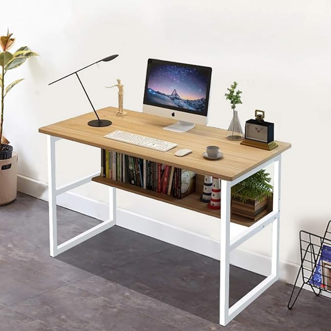 Wooden 43in Computer Desk with Storage Shelf and Metal Stand Modern PC Laptop Workstation Study Table at Home Office Table (Oak)
