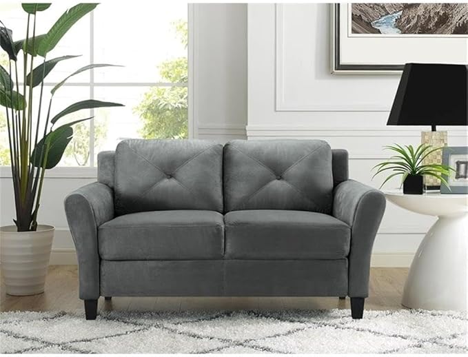Hawthorne Collections Rolled Arm Microfiber Loveseat Dark Gray Upholstery Solid Wood Frame Button Tufted Back 56.3 in Wide Comfortable Sofa for Living Room or Small Spaces