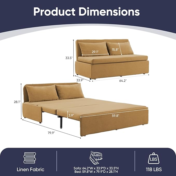 ijuicy 3 in 1 Queen Size Pull Out Sofa Bed Linen Sleeper Sofa with Pullout Bed Convertible Loveseat Couch Beds with Pillows and Tri-fold Mattress for Small Space Apartment Mustard Yellow
