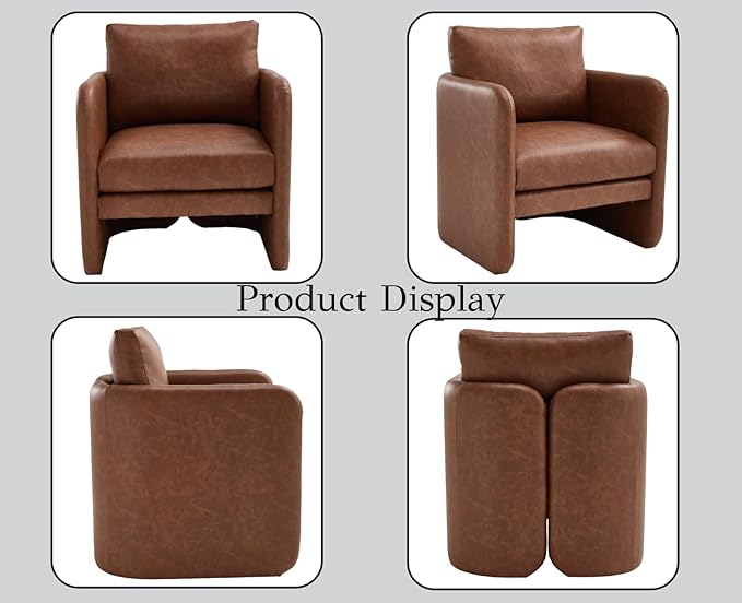 EALSON Leather Upholstered Modern Accent Chair Mid-Century Barrel Armchair with Padded Cushion Comfy Reading Chair for Living Room/Bedroom Brown