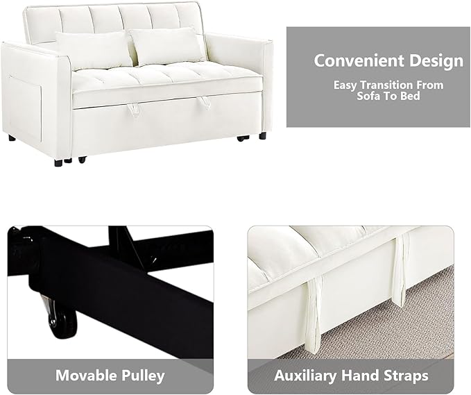3 in 1 Convertible Sleeper Sofa BedFuton Pull Out Couch with Adjustable BackrestVelvet Fabric Loveseat Sofa with Side Pocket for Bedroom Living Room (Beige)