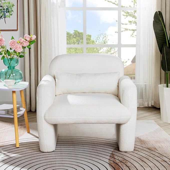 Stylish and Minimalist Teddy Fleece Single Sofa Chair with Arms and Pillow Armchair Accent Chair for Living Room Bedroom StudyGrey (Beige + Teddy)