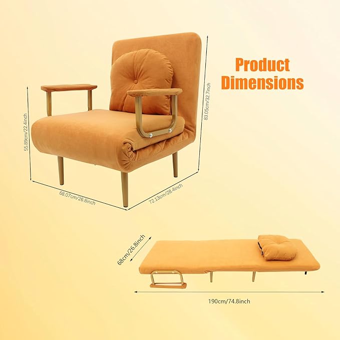 Convertible Sleeper Sofa Bed 3 in 1 Multi-Functional Sofa Chair Bed with 5 Position Adjustable Backrest Folding Sofa Bed Floor Single Chairs Fold Out Chair Beds for Living Room (Orange)
