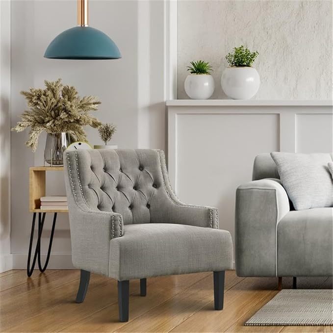 Pemberly Row Upholstered Accent Chair Taupe Fabric Solid Wood Frame High-Density Foam Cushions Button-Tufted Back Nailhead Trim Espresso Finish Legs 34.75 H x 28 W x 30.25 D for Living Room