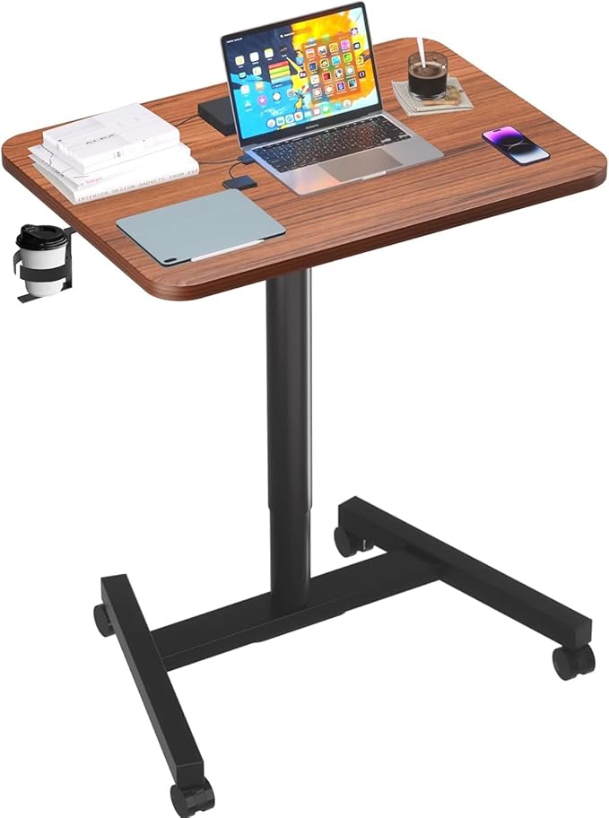 28-Inch Mobile Standing Desk Computer Workstations with Cup Holder Portable Standing Desk with Lockable Wheels Rolling Table for Home Office Classroom Hospital (Walnut)