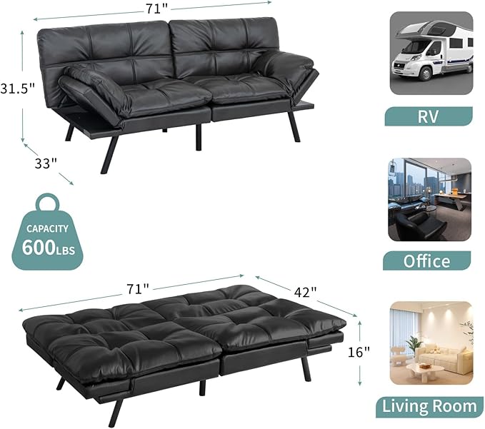 MUUEGM 71 Futon Sofa Bed with Memory FoamFuton Couch with Adjust Backrest and Armrest Couches Bed for Living RoomStudios Apartments Dormitories Offices and Game Room.Matt Black Leather Sofa Bed
