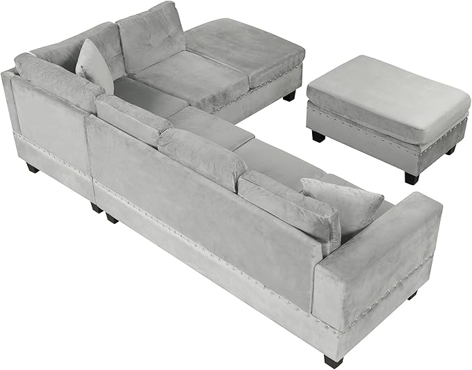 Merax Modern Sectional Sofa with Storage Ottoman L Shaped Couch with 2 Pillows and 2 Cup Holders Polyester Sectional Sofa with Reversible Chaise for Living Room Home Office (Gray)