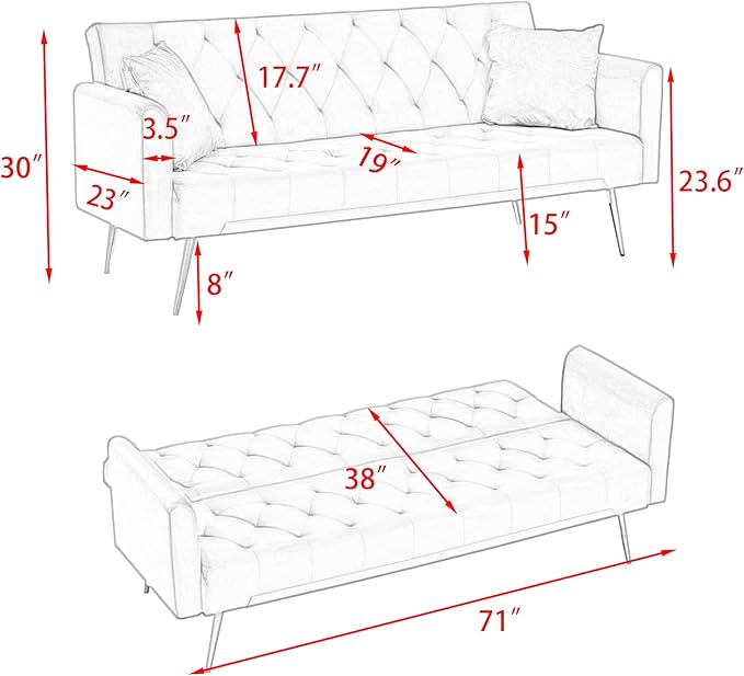 KINFFICT Velvet Futon Sofa Bed with 2 Pillows Convertible Sleeper Sofa Couch with 3 Angle Adjustable Backrest Modern Loveseat with 4 Golden Metal Legs for Living Room and Bedroom