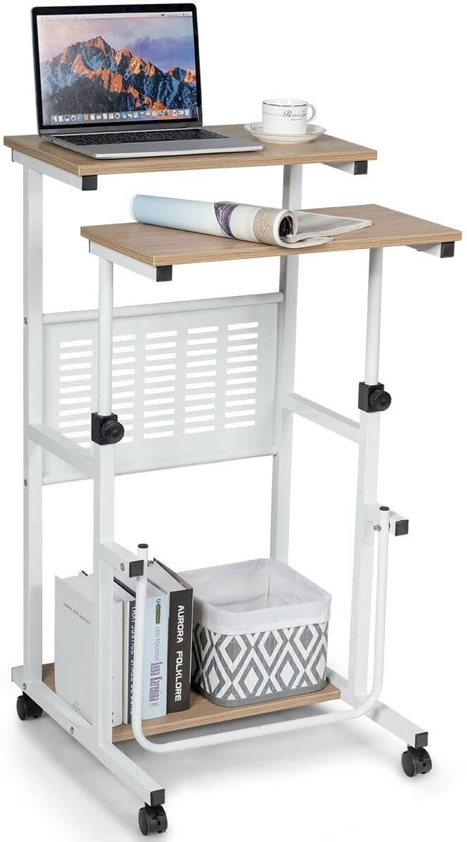 Height Adjustable Sit Stand Desk Home Office Desk with Wheels Rolling Computer Laptop Desk Corner Computer Desk Oak