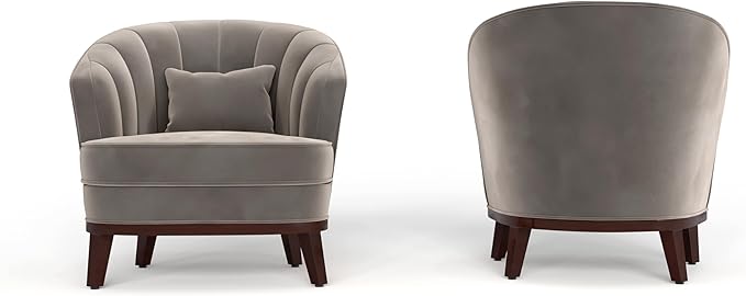 AC Pacific Ava Modern Barrel Accent Chair Upholstered Lounge Armchair with Curved Backrest Channel-Tufted Details Soft Seat Cushion &amp Throw Pillow for Living Room or Bedroom Grey