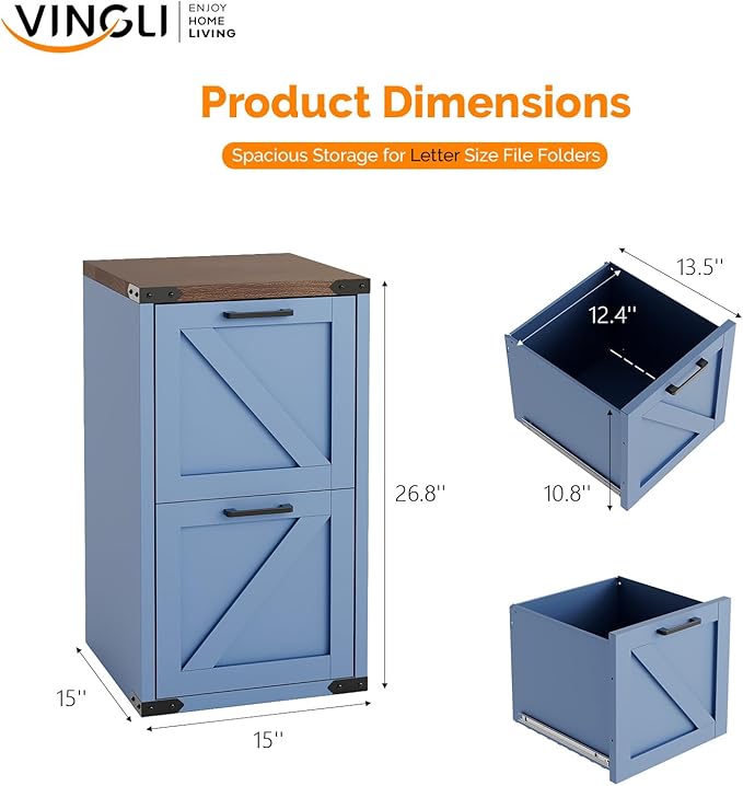 VINGLI 2 Drawer Farmhouse Metal File Cabinet Home Office Filing Organizer for Letter File Folder Storage Printer Stand with Drawers Archivador Vertical Filing Cabinet for Study Business (Blue)