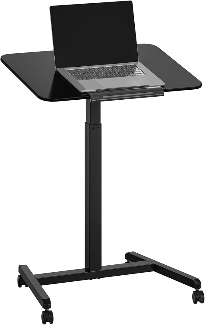 Seville Classics Airlift Height Adjustable Pneumatic Laptop Sit Stand Desk Mobile Rolling Cart Computer Workstation for Home Office Classroom Black 25.6 Tilting Desktop