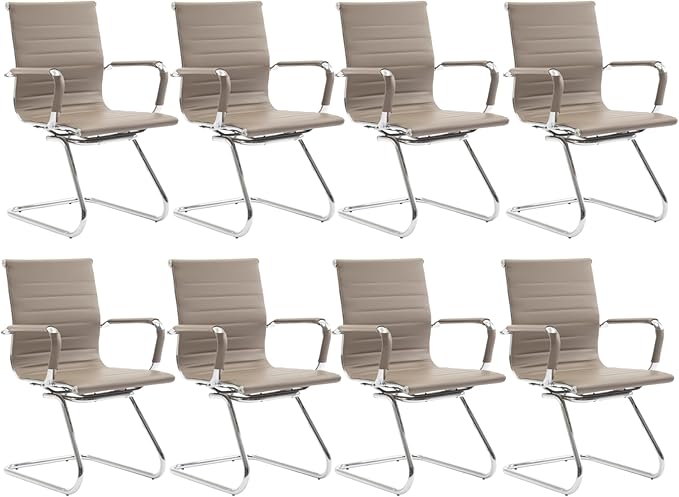 CIMOTA Waiting Room Chairs Leather Office Guest Chair Mid Back Reception Chairs with Sled Base for Meeting/Patient/Conference Room Light Brown Set of 8