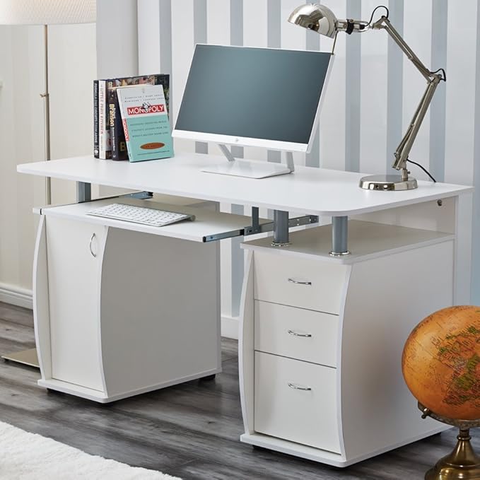RayGar White Deluxe Design Computer Desk with Cabinet and 3 Drawers for Home Office Table Workstation - New (White)