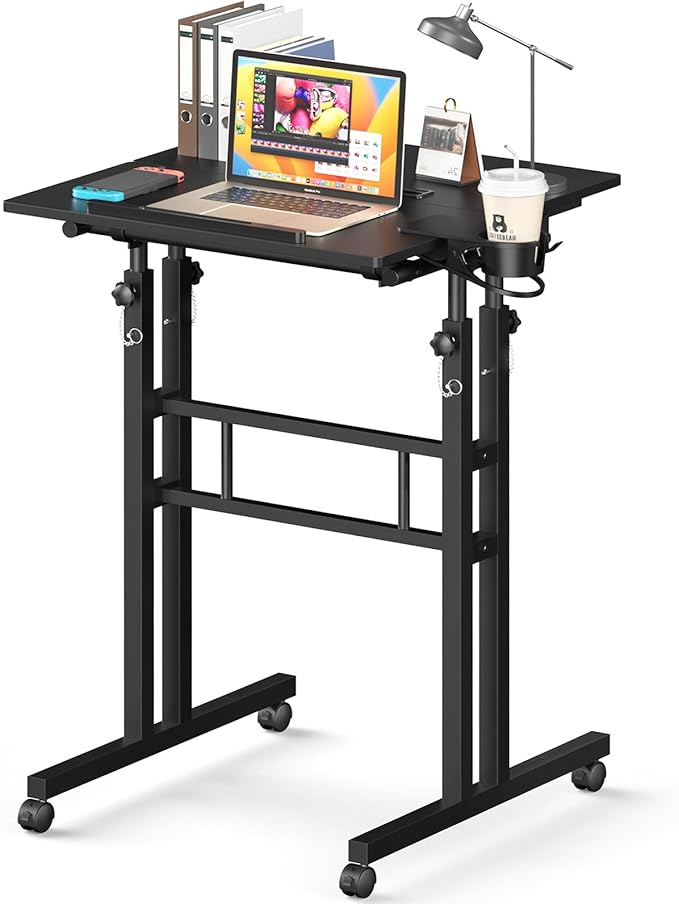 Small Standing Desk with Wheels Tall Mobile Stand Up Table Portable Standing Desk for Walking Pad Rolling Table Adjustable Height Rolling Computer Table for Tall Person