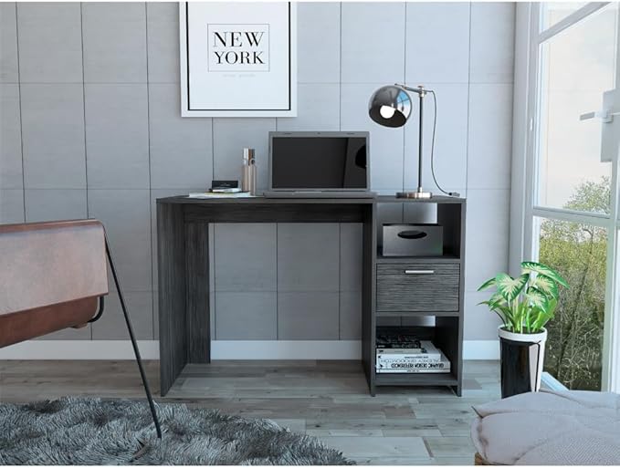 Penau Writing Desk with 2 Shelves and 1 Drawer Smokey Oak Finish Functional Workspace for Home Office 43.3Inch Wide