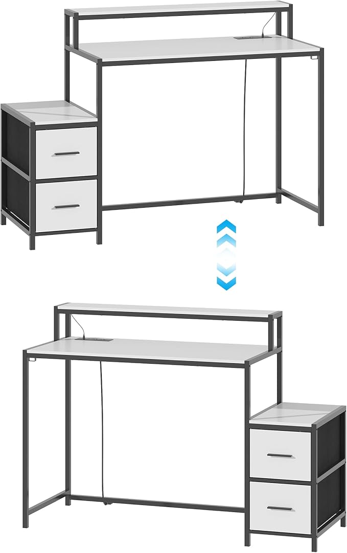WOODTIME 50.4 W Home Office Computer Desk with LED Lights &amp Power Outlets Gaming PC Desk Study Writing Table with Monitor Stand &amp 2 Fabric Drawers White &amp Black