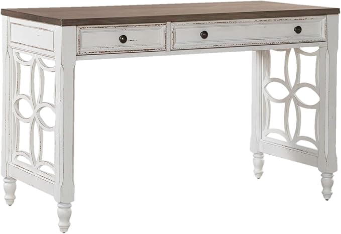 Liberty Furniture Magnolia Manor 4 Piece Opt L Shaped Writing Desk Set Keyboard Tray European Traditional Home Office - Antique White &amp Weathered Bark Oak Wood
